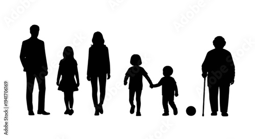 Set of 5 black family silhouettes vector