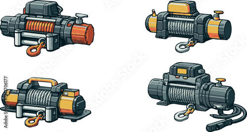 Electric winch machine set with steel cable hook and motor industrial lifting equipment vector icons