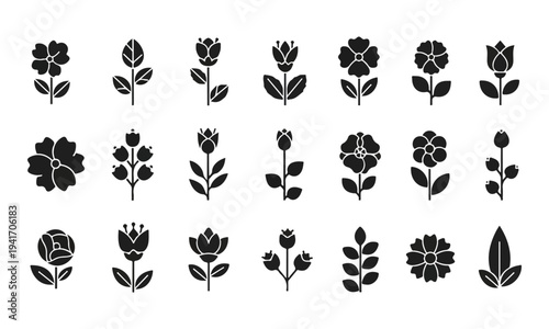 Set of black minimalist flower and leaf icons