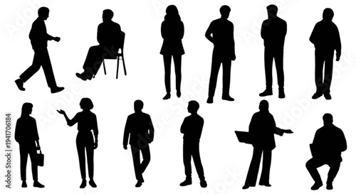 Set of 12 black business people silhouettes vector