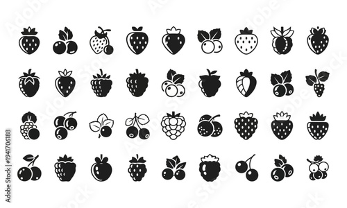 Large set of minimalist black berry and fruit icons