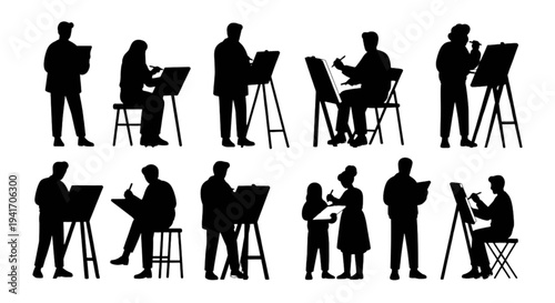 Set of 12 black silhouette people painting vector