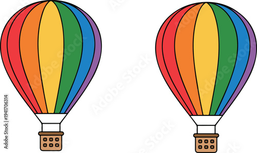 Minimalist hot air balloon illustration with rainbow striped envelope and brown basket in clean cartoon flat vector style
