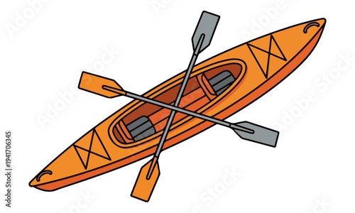 Orange Kayak Illustration with Crossed Paddles Isolated on White
