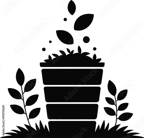Garden Composting Bin and Seedling Silhouette