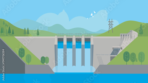 A serene dam surrounded by lush green hills and a clear blue sky