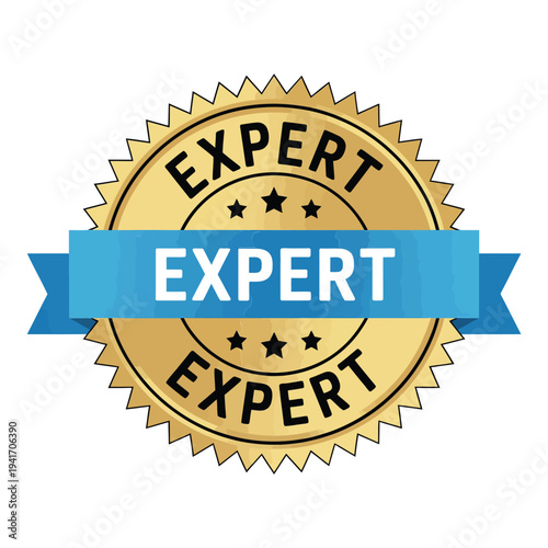 Golden expert badge with ribbon a symbol of proficiency and skill