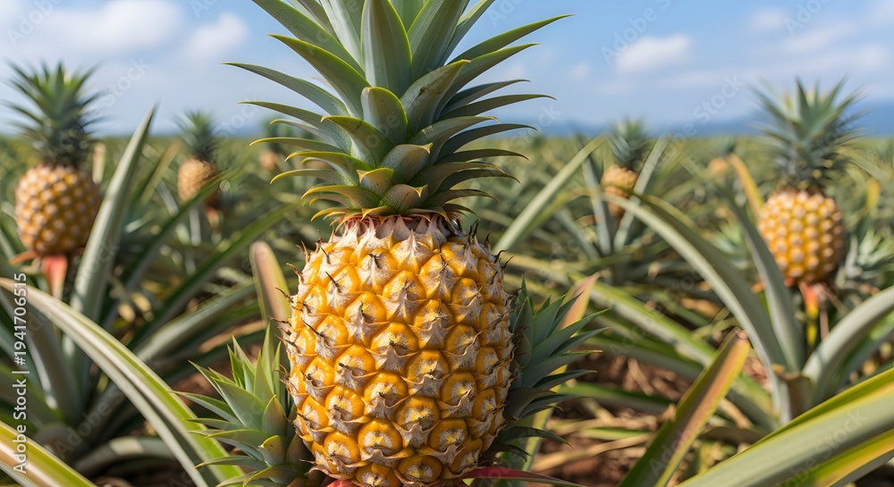 Obraz premium Ripe yellow pineapple with green leaves growing in a tropical plantation under a clear blue sky