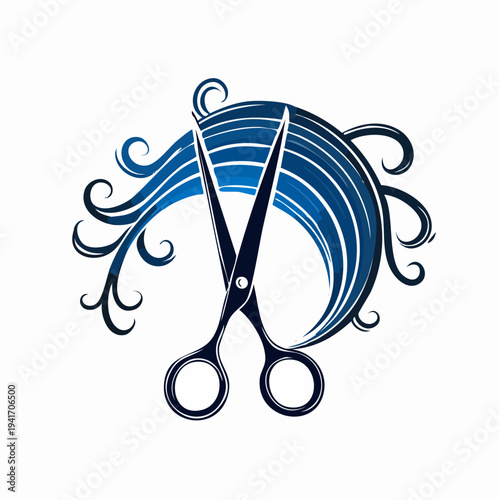 Dynamic Blue Hair Styling Graphic with Elegant Scissors, Symbolizing Salon Craft and Beauty Transformation