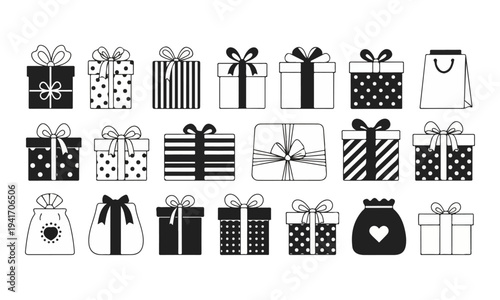 Black and White Gift Box and Bag Icon Collection