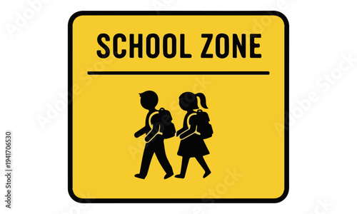 Yellow School Zone Warning Sign with Children Silhouette