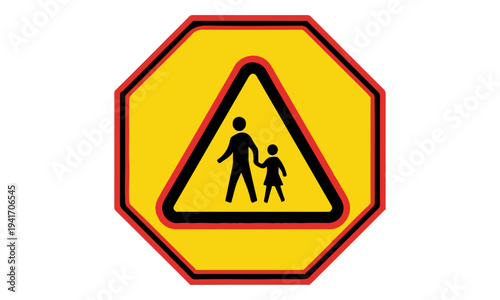 Yellow Octagonal School Zone Pedestrian Crossing Warning Sign