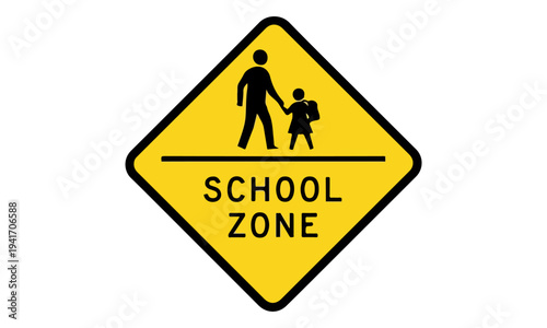 Yellow School Zone Traffic Warning Sign Isolated on White