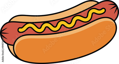 Minimalist cartoon hot dog illustration with mustard zigzag on bun, classic fast food snack in clean flat vector style