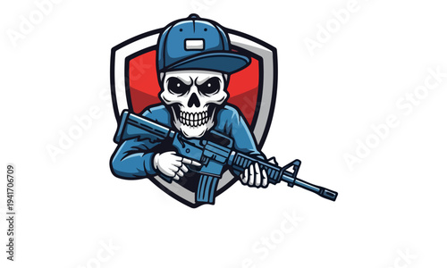 Skull Mascot Wearing Cap Holding Rifle Logo Design