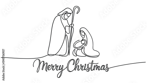 Continuous line drawing of nativity scene with merry christmas text