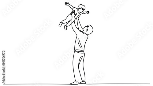 Father playfully tosses a young child in the air drawn in a single line