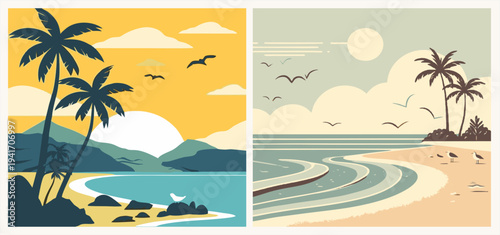 Tropical beach landscape: palm trees, peaceful ocean waves, and sunny sky illustration.