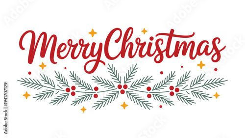 Festive merry christmas lettering with pine branches and berries design