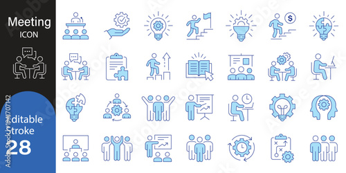 Meeting in line style set. Editable web icons for conference, business meating, discussion, planning, event, teamwork, seminar etc. Vector illustration