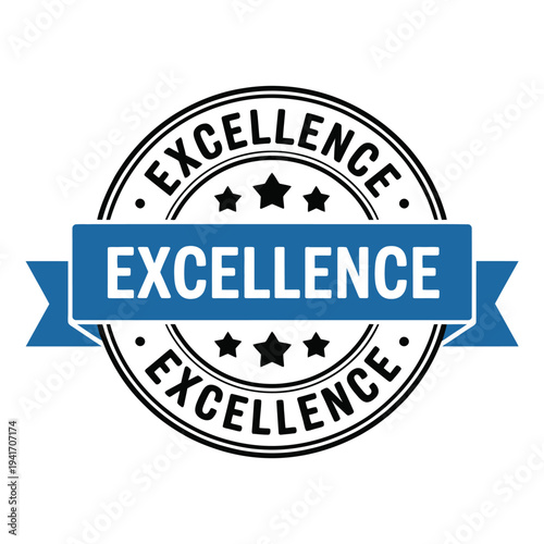 Blue and black excellence award seal with stars and ribbon banner