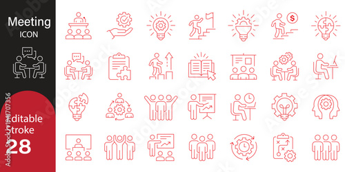 Meeting in line style set. Editable web icons for conference, business meating, discussion, planning, event, teamwork, seminar etc. Vector illustration
