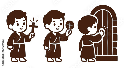 Three cartoon monks with religious symbols and knocking on a door