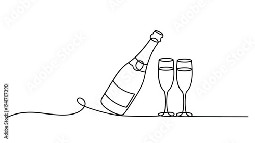 Minimalist line drawing of a champagne bottle and two glasses