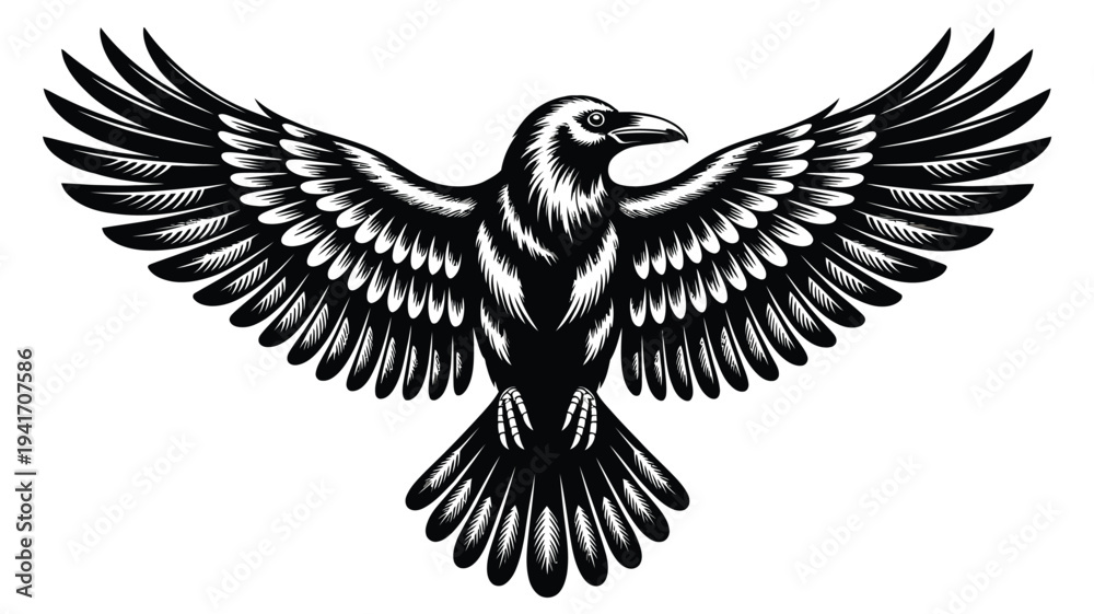 Fototapeta premium A detailed black and white illustration of a raven with wings spread