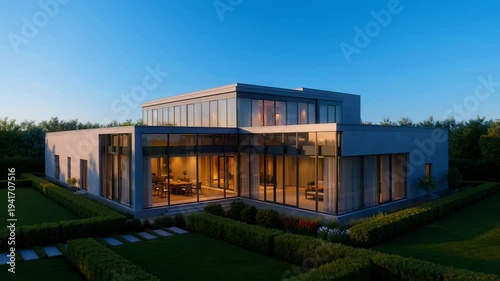 Sleek Modern Luxury Home Exterior Glass Walls Lit Interiors Surrounded by Lush Garden Dusk