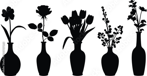 Flower vase silhouette collection with roses tulips blossoms, decorative floral artwork illustration, elegant botanical design concept, artistic nature arrangement representation