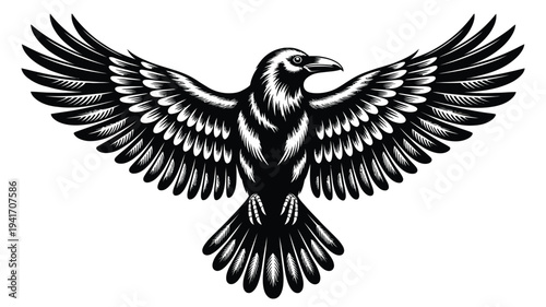A detailed black and white illustration of a raven with wings spread