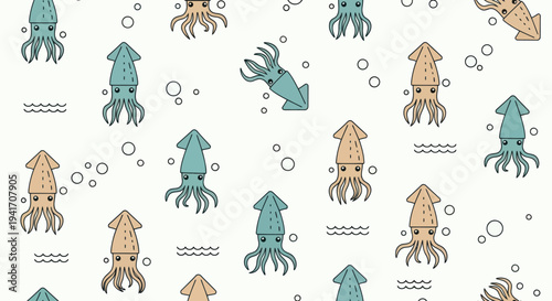 Colorful Cartoon Squid Illustration Pattern.