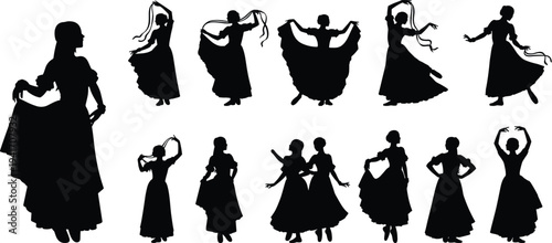Women silhouettes in traditional dresses dancing, cultural performance artwork illustration, folkloric movement design concept, elegant expressive gesture representation, heritage