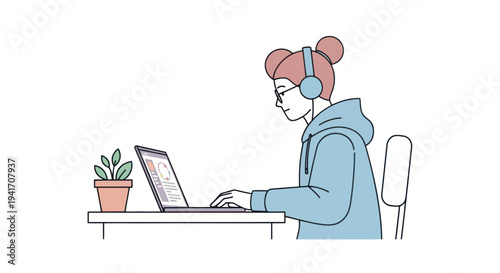 Woman Wearing Headphones Working on Laptop.