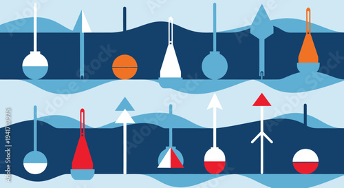 Collection of Various Buoy Shapes and Colors.