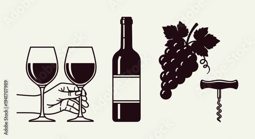 Wine Bottle Glasses Grapes Corkscrew Illustration.
