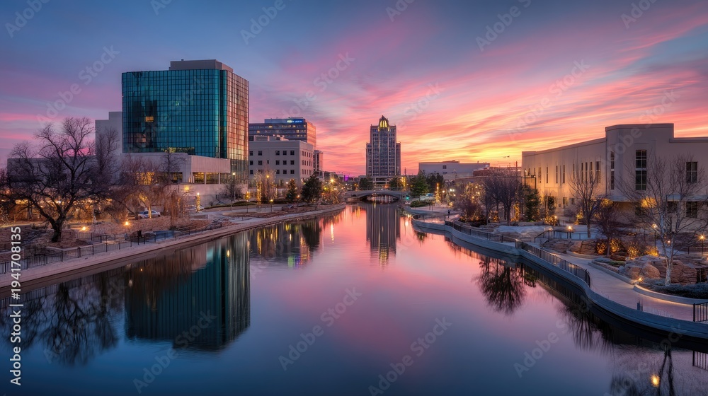 Fototapeta premium A vibrant cityscape at sunset with a calm river reflecting the colorful sky.