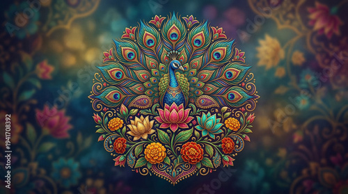 Colorful Peacock Mandala: A vibrantly adorned peacock, its feathers spread in a magnificent display, forms the focal point of an intricate mandala.