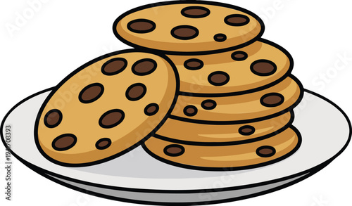Minimalist cartoon chocolate chip cookies stack on white plate illustration with golden brown biscuits in clean flat vector style