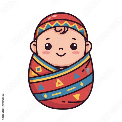 Cute baby wrapped in colorful traditional clothing with patterns  