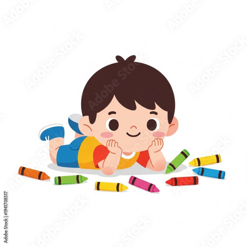 Young boy lying on floor with crayons and smiling happily  