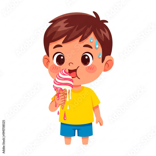 Young boy enjoying ice cream on a hot summer day  