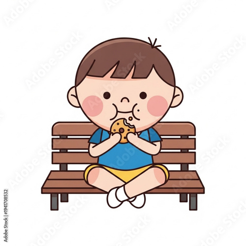 Happy boy eating cookie while sitting on park bench  