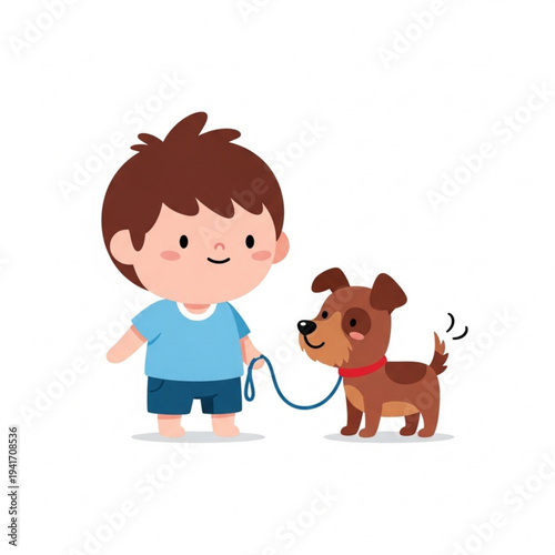 Young boy standing with dog on leash and smiling happily  