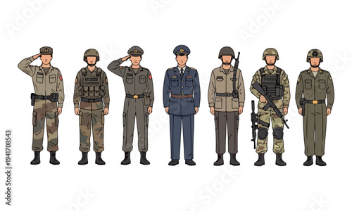 Military Soldiers in Various Uniforms Standing.