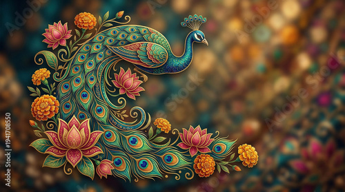Peacock Artistry: An artistic representation of a peacock, resplendent in its iridescent plumage and surrounded by flowers, evoking a sense of opulence and beauty.