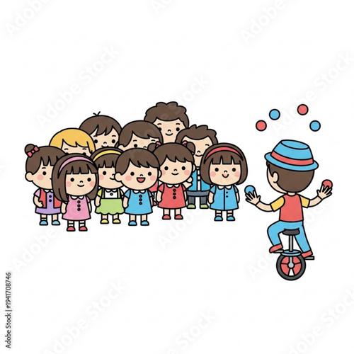 Children watching street performer juggling on unicycle  