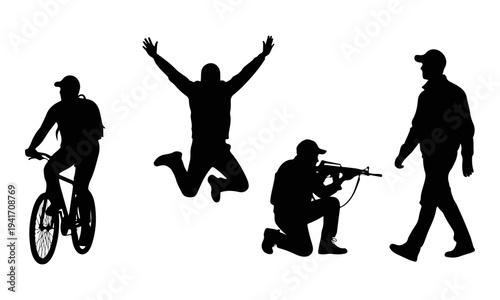 Silhouettes of people in various actions.