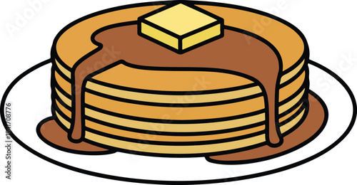 Minimalist cartoon stack of pancakes with butter and syrup on plate in clean flat breakfast food vector illustration